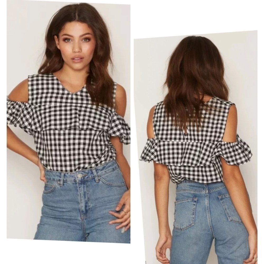 1849) Glamorous Gingham Off shoulder Cotton Top Size 14